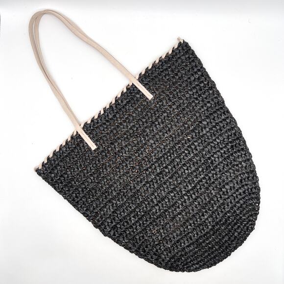 ANTHROPOLOGIE Straw Shoulder Bag Black White Tote Slouchy Casual Travel Light - Picture 3 of 13